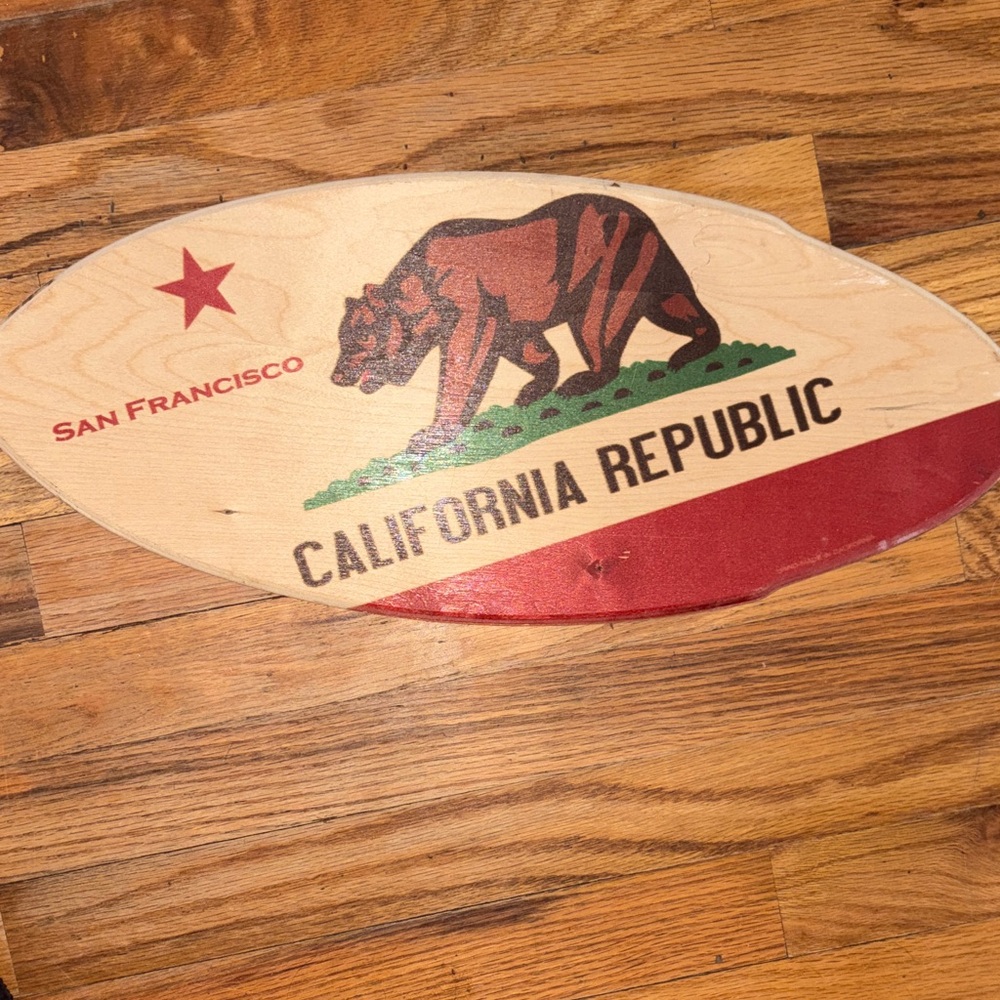 Decor California Republic surfboard shape Sign 20 by 9 hanging decor/ wall prop
